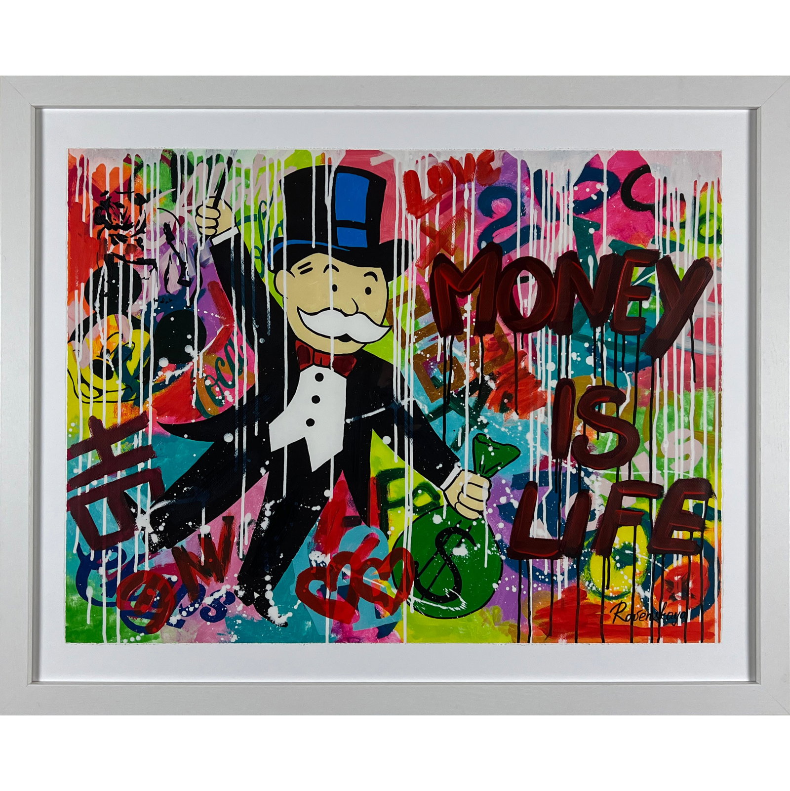 Nastya Rovenskaya - "Money is Life" - Framed One-of-a-Kind Mixed Media on Paper: Nastya Rovenskaya - "Money is Life" - Framed One-of-a-Kind Mixed Media. Money is Life is a one-of-a-kind mixed media on deckle edge paper by Nastya Rovenskaya. It is hand signed by the artist. The art