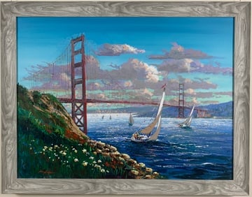 Kerry Hallam - "Golden Gate Bridge" - Elegantly Framed Original Acrylic on Canvas: Golden Gate Bridge by Kerry Hallam is a elegantly framed Original Acrylic on Canvas. The image size is 36 x 48. Framed: 54 x 42. The piece is signed by Hallam in the Lower Left Hand Corner. Frame and 