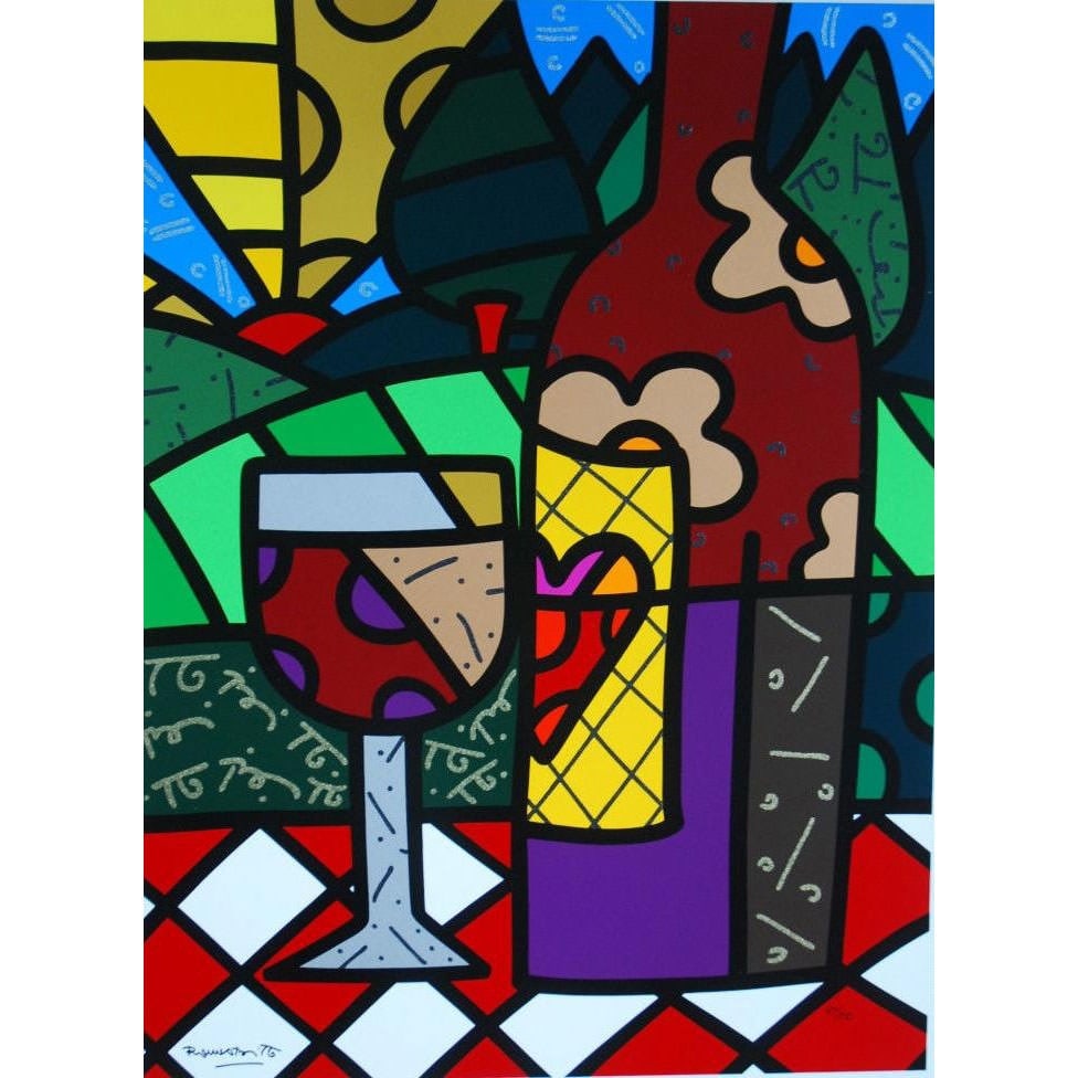 Romero Britto - "Red Wine" - Serigraph on Gesso Panel: Ê"RED WINE" is POP ART at its very BEST! This Britto piece is a livelyÊwine-themed imageÊonÊa gesso panel.Ê This piece just explodes with colors that pull your senses to smell