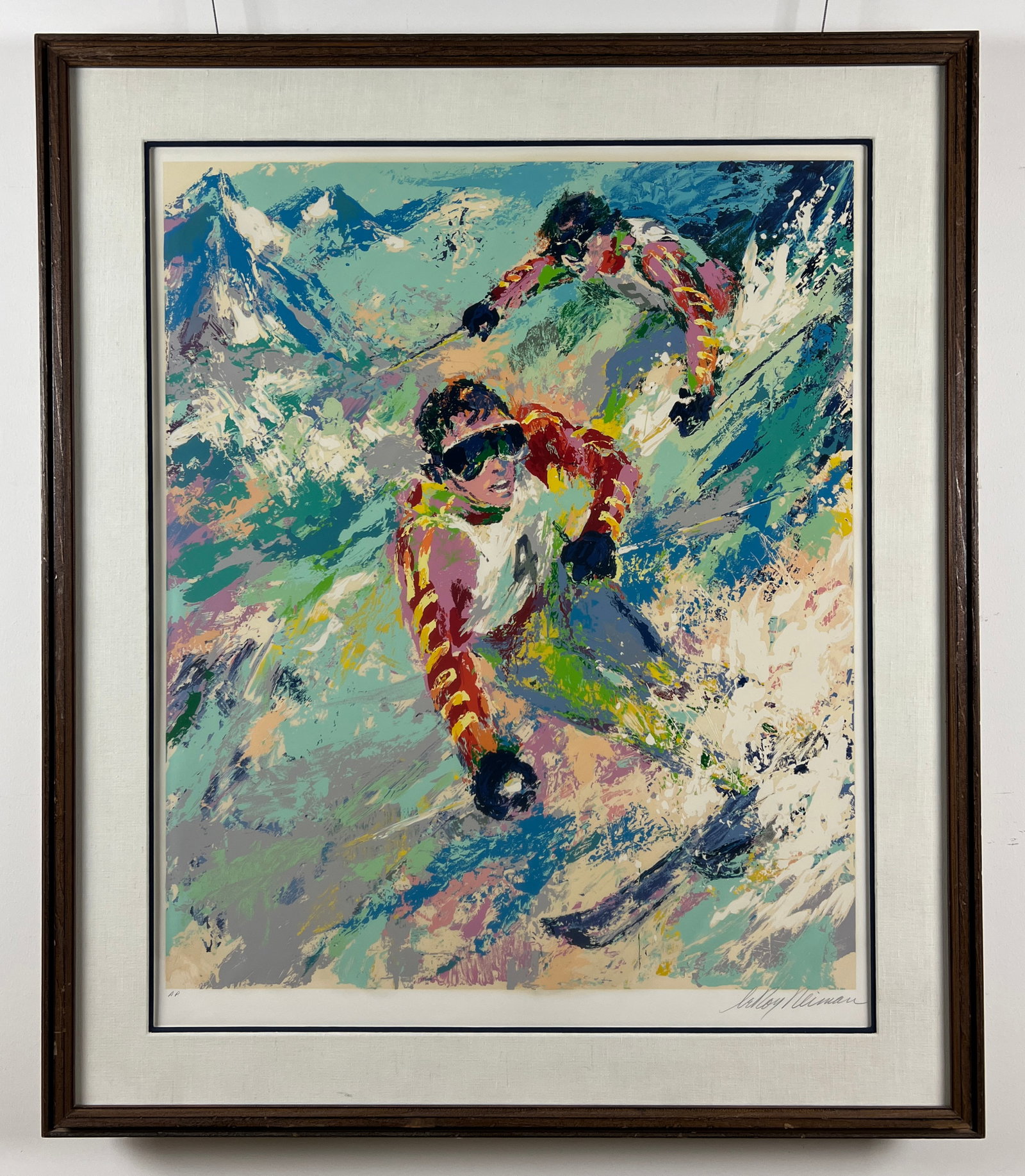 LeRoy Neiman - "Skiing Twins" - Limited Edition Serigraph on Paper: Skiing Twins by LeRoy Neiman is a dynamic and colorful limited edition serigraph that captures the speed, energy, and excitement of alpine skiing. Rendered in NeimanÕs signature expressive style,
