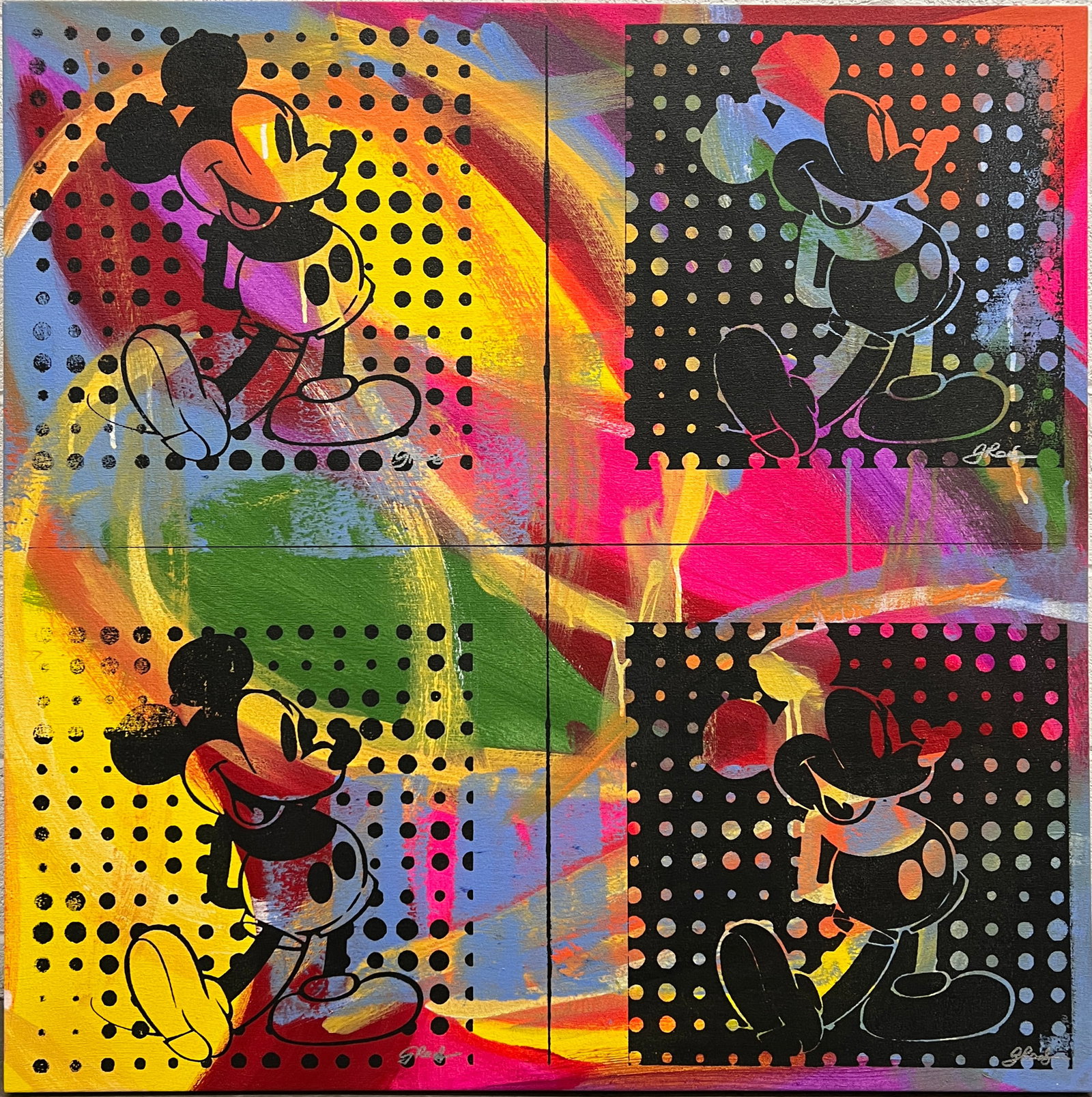 Gail Rodgers - FOUR MICKEY'S" - One-of-a-Kind Hand-Pulled Silkscreen Unique Variation on Canvas: FOUR MICKEY'S by Gail Rodgers is an Original Painting - One-of-a-Kind Hand-Pulled Silkscreen Unique Variation on Canvas. Image: 40x40. Gallery Wrapped on 1 1/2 inch stretcher bars. Ready to hang and e