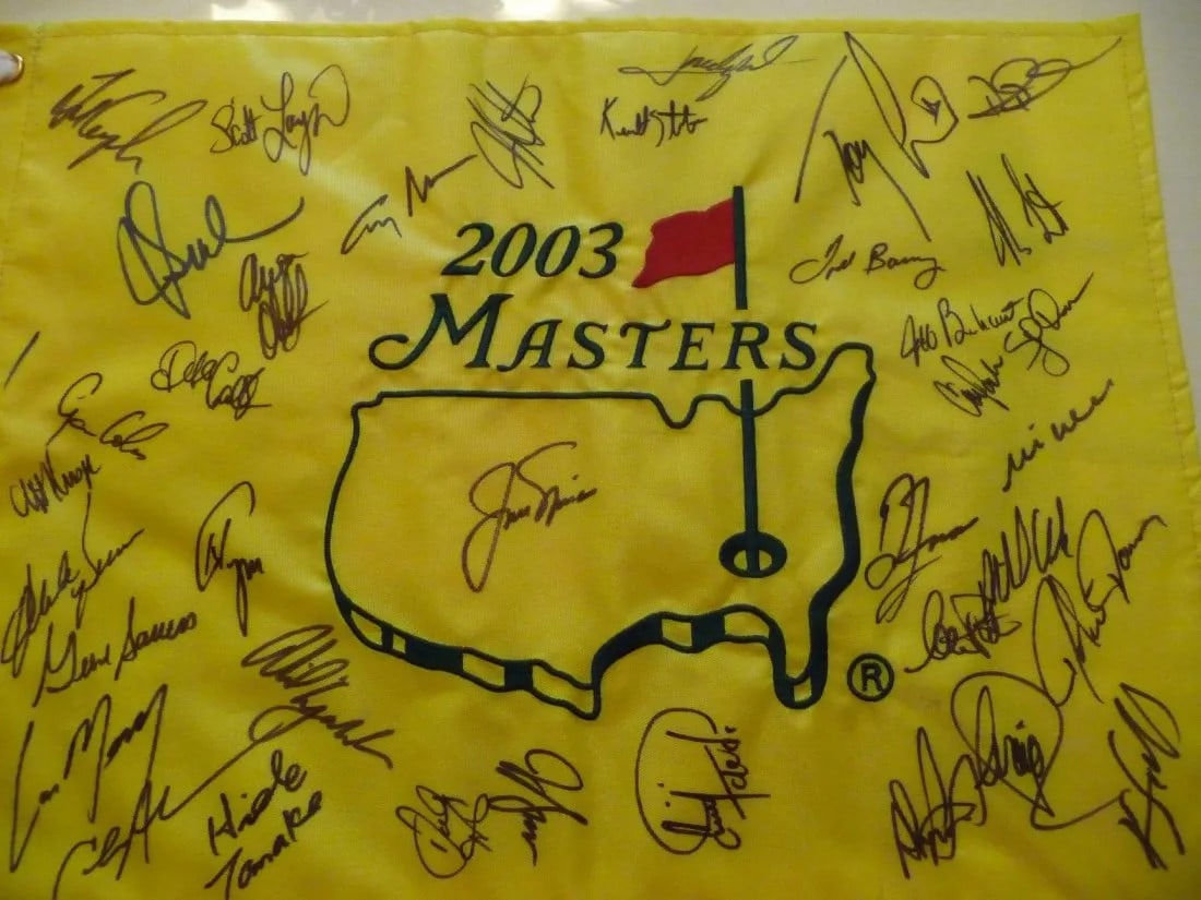 2003 Signed Masters Flag - Jack Nicklaus and just about all the other players!: 2003 Signed Masters Flag. Jack Nicklaus, Phil Michelson, Larry Mize Fred Couples to name a few. My brother-in-law sat on a T-Box during the Wednesday Par 3 Tournament and collected signatures from eve
