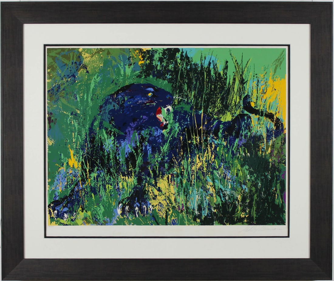 LeRoy Neiman - "Black Panther" - Limited Edition Serigraph on Paper: Black Panther by LeRoy Neiman is a framed, Limited Edition Serigraph on paper. This piece will ship ready to hang. It is one of LeRoy finest work while on Safari. Through his global travels, LeRoy enc