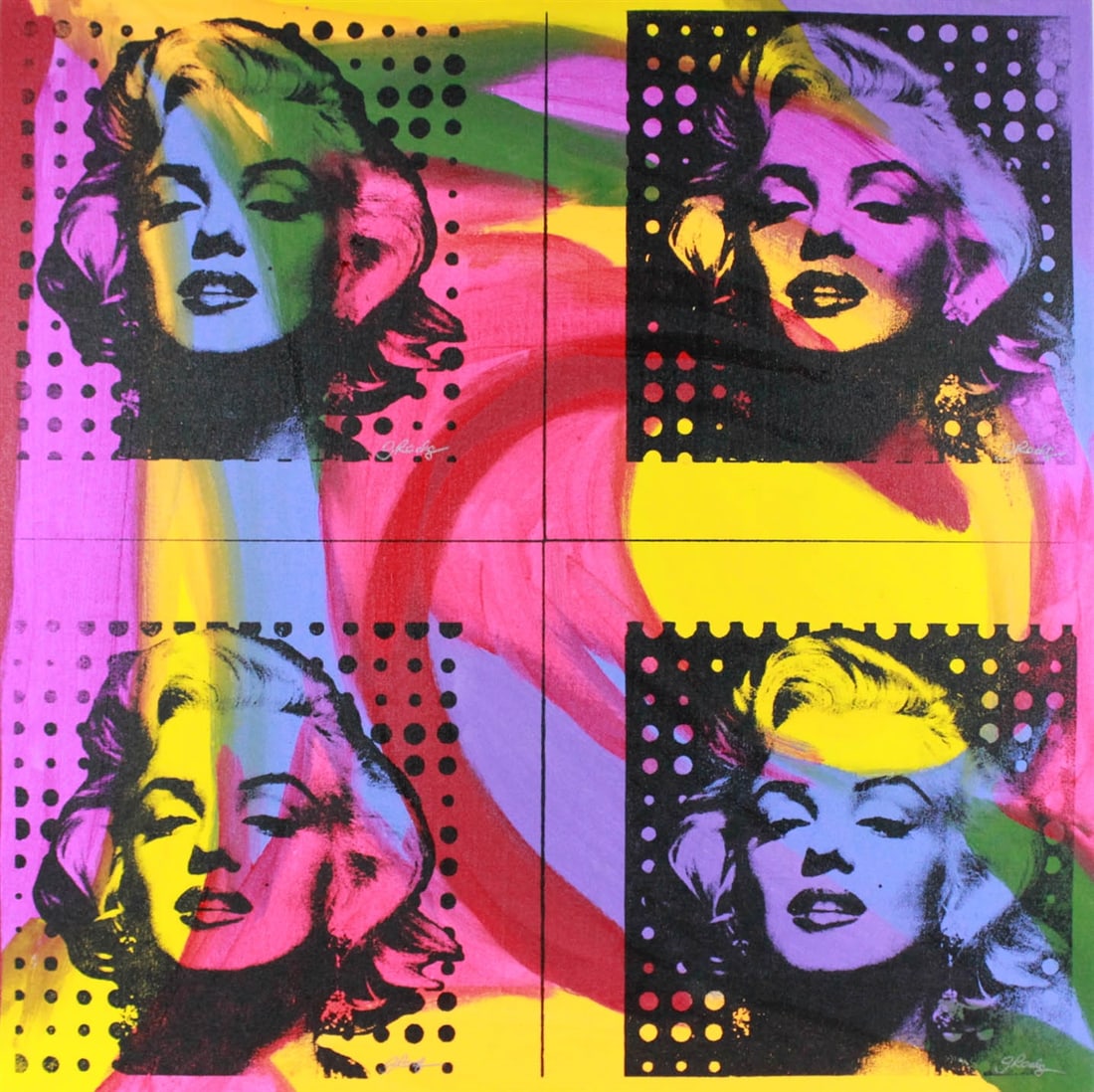 Gail Rodgers - FOUR MARILYN'S" - One-of-a-Kind Hand-Pulled Silkscreen Unique Variation on Canvas: Four Marilyns By Gail Rodgers | Mixed Media on Canvas | Dimensions: Unspecified Vibrant, iconic, and unapologetically bold, Four Marilyns by Gail Rodgers offers a contemporary homage to the everlastin
