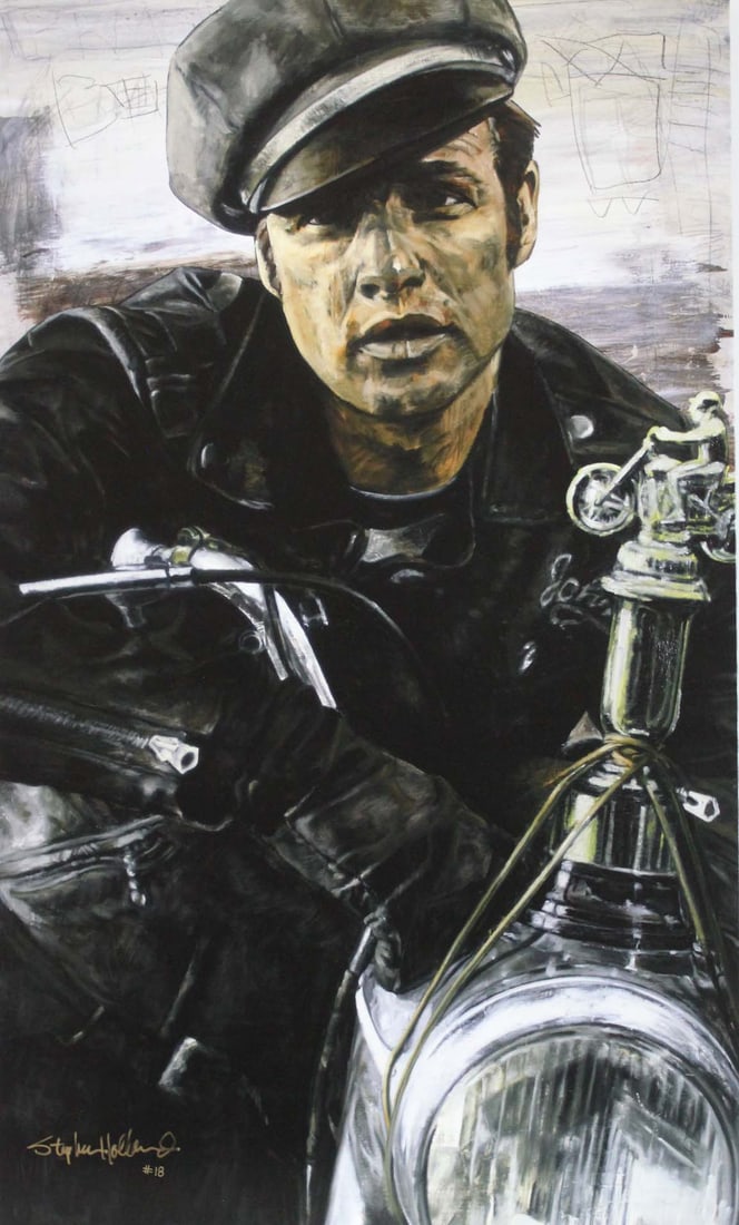 Stephen Holland - "The Rebel (Marlon Brando)" - Ovepainted Giclee on Canvas: The Rebel (Marlon Brando) by Stephen Holland is a Limited Edition Hand-embellished Giclee on Canvas. Image Dimensions are 42 x 28. Rebel is From the 1953 movie - The Wild one. This would be another aw
