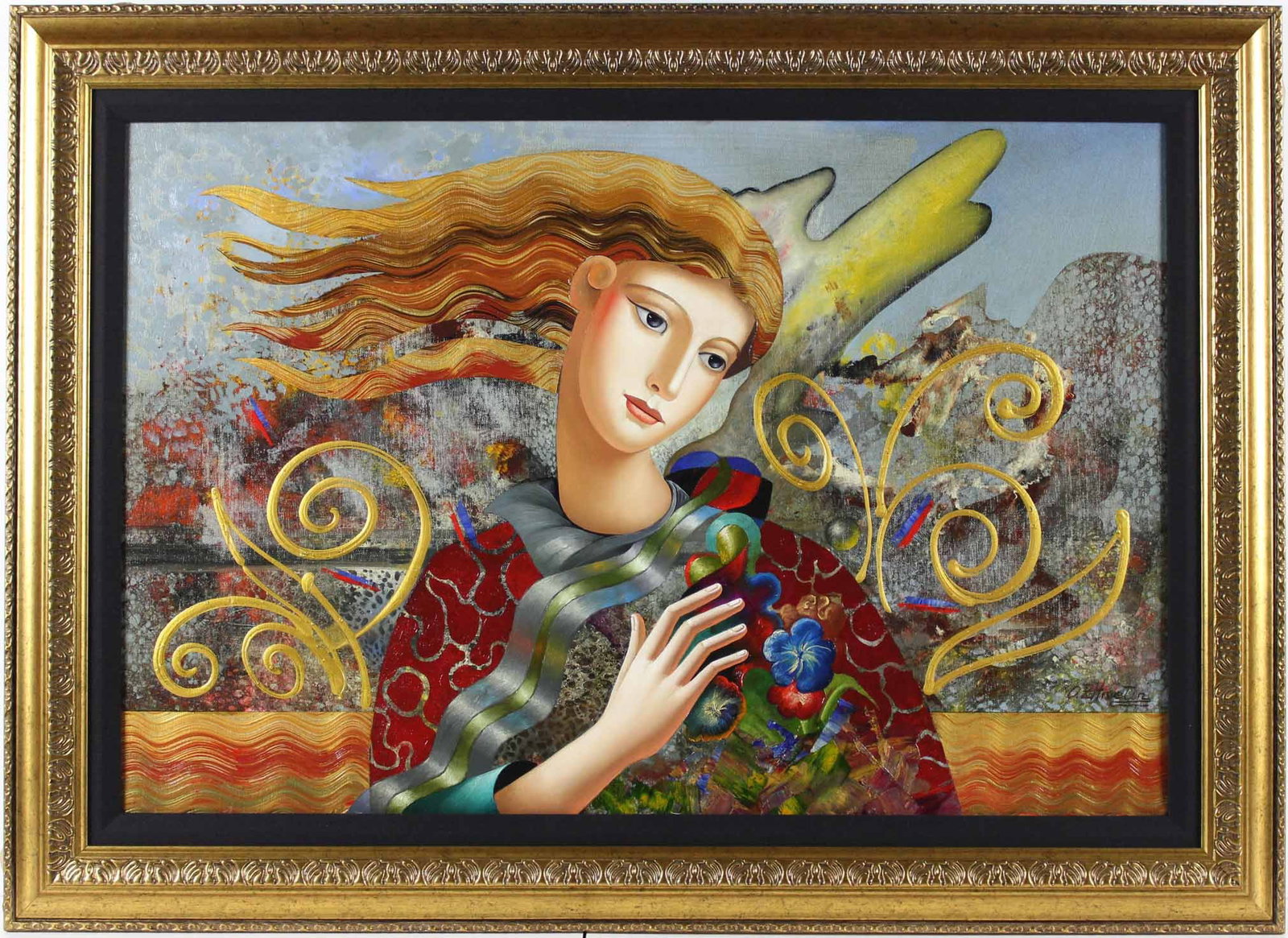 Oleg Zhivetin - "Soft Breeze" - Original Mixed Media: Soft Breeze by Oleg Zhivetin depicts a young woman in a red dress with an ornated pattern. Her wavy, golden hair is blowing in the soft wind that is swirling around her. This beautiful artwork is a mi