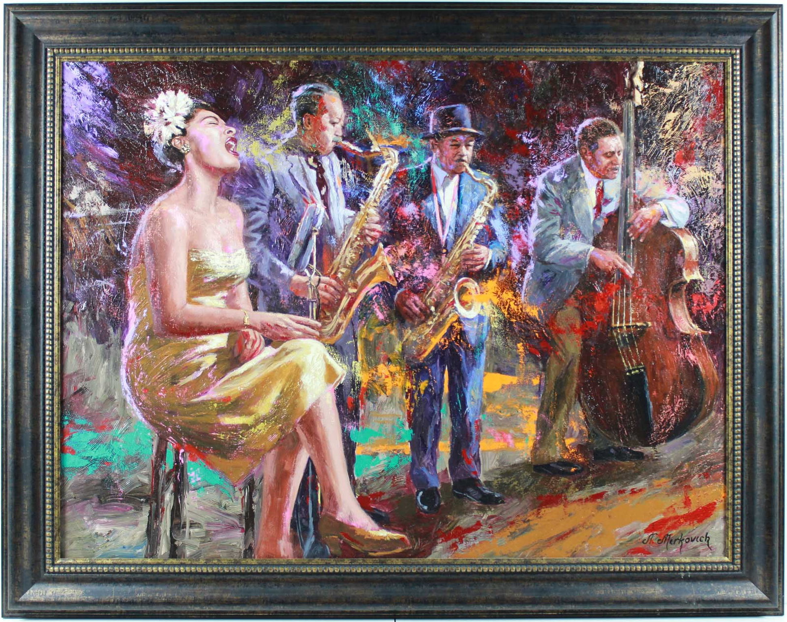 Nenad Mirkovich - "Melancholy Blues, Billie Holiday & Band" - Original Acrylic on Canvas: Melancholy Blues, Billie Holiday & Band by Nenad Mirkovich is a framed original acrylic on canvas. Image: 38 x 48. Signed on verso with "All copyrights reserved by artist N. Mirkovich", no COA availab