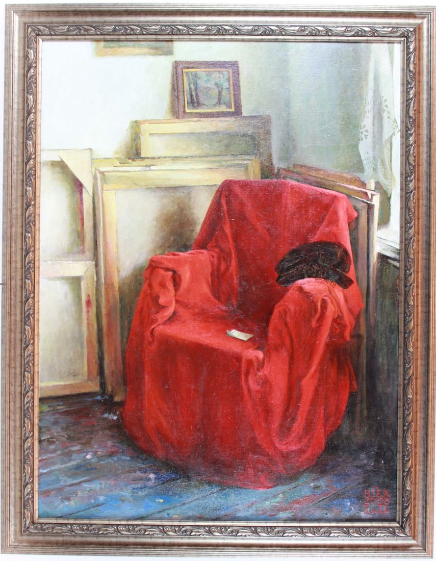 Red Chair by Lidia Dinner: Red Chair by Lidia Dinner is framed original painting on canvas. Framed dimensions are 43 x 55.25. No COA available. From the estate of Rodney P. Hunt. Purchased in July of 2008 - copy of original Inv