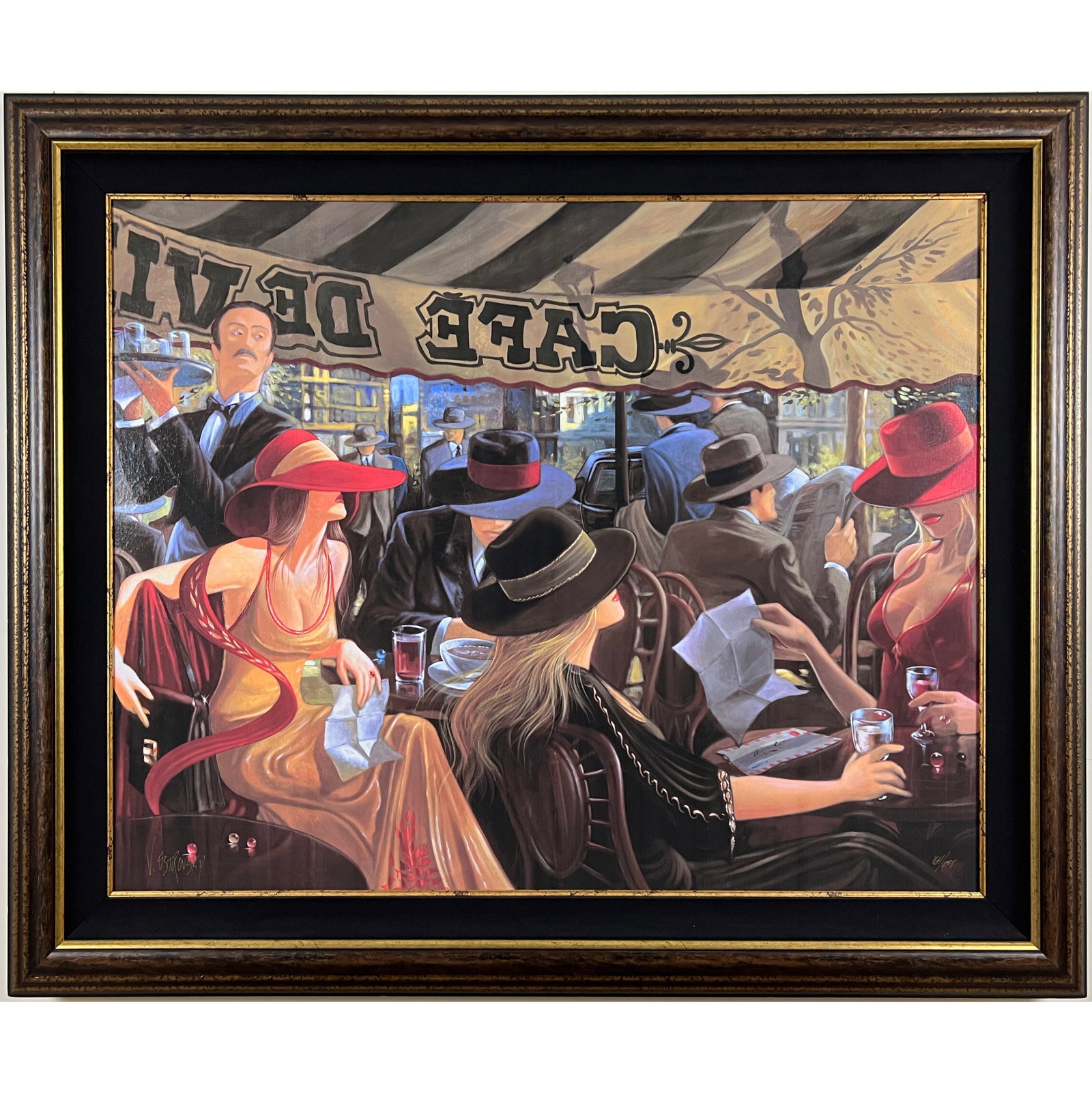 Victor Ostrovsky - "Cafe De Ville - 50 x 40" - Framed Giclee on Canvas: Cafe de Ville by Victor Ostrovsky is a large giclee on canvas. It is from Victors Metaphors of Espionage Series. Image: 40 x 50. This piece will ship stretched. A carefully planned intelligence operat