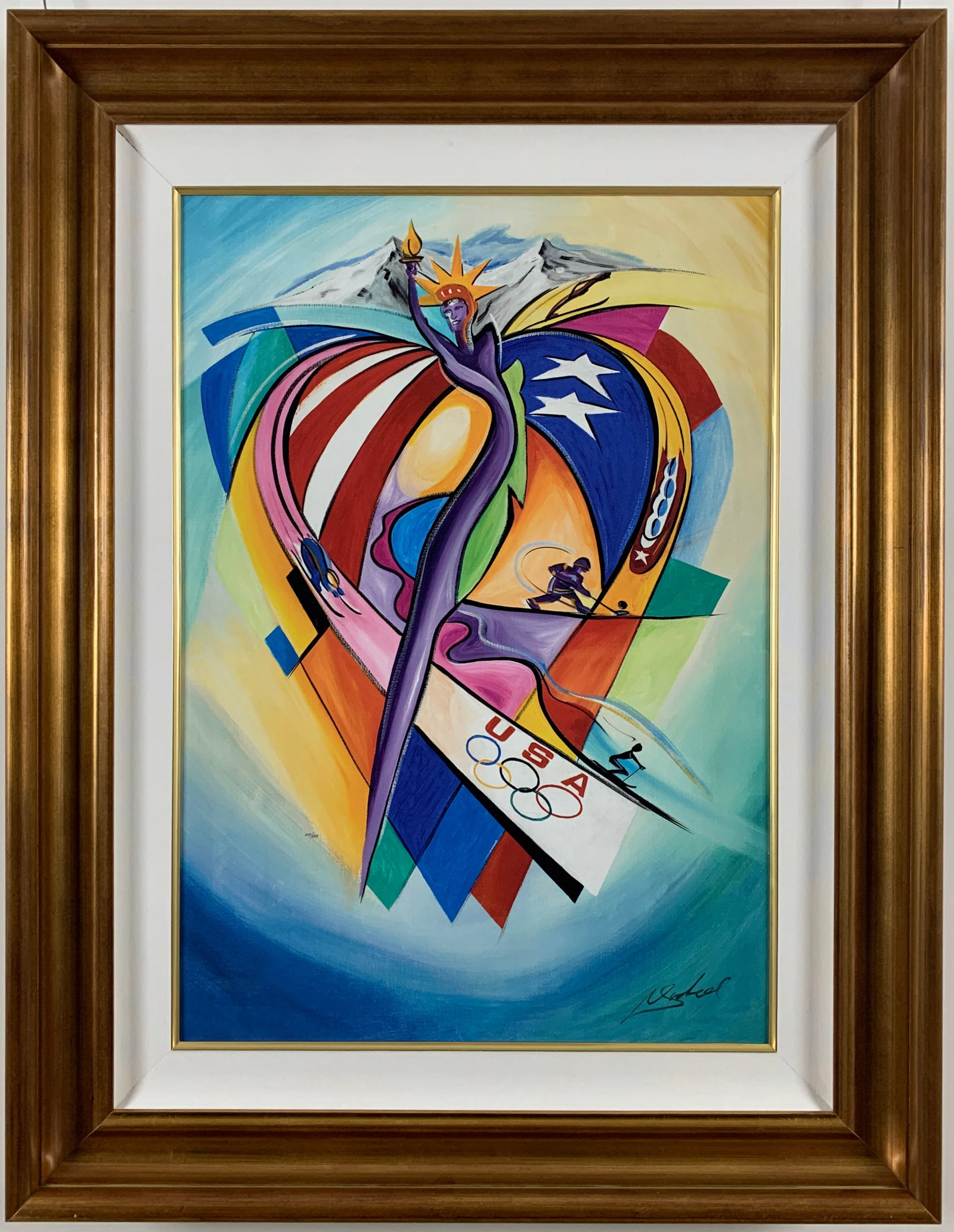 Alfred Alexander Gockel - USOC Olympic Celebration - Framed USA Limited Edition Print on Canvas: USOC Olympic Celebration By Alexander Gockel | Giclee on Canvas | Image: 21" x 30" | Framed: 31" x 40.25" A vivid tribute to unity, sport, and American spirit, USOC Olympic Celebration by renowned art