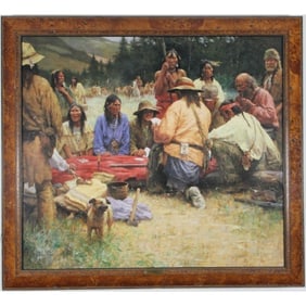Howard Terpning - "A Friendly Game at Rendezvous - 1832" - MasterWork Giclee on Canvas: Howard A. Terpning (Born 1927) "A Friendly Game at Rendezvous - 1832" is a Framed Limited Edition Masterworks Giclee on Canvas. ÒGreat gatherings of trappers and Indians, could go on for three or