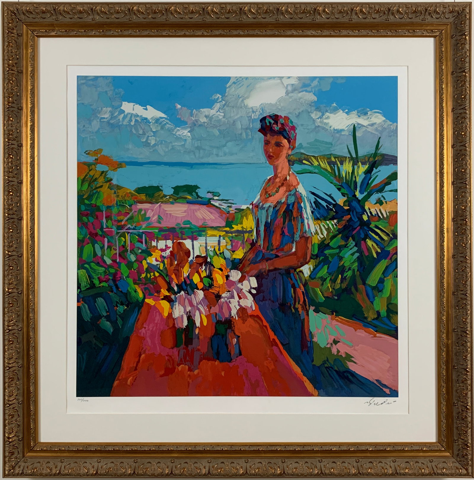 Nicola Simbari - "Verandah" - Limited Edition Serigraph on Paper: Nicola Simbari - Verandah - Framed Limited Edition Serigraph on Paper. This piece is framed in a beautiful gold frame with white mat. This colorful artwork on paper is done in a fabulous tropical pale
