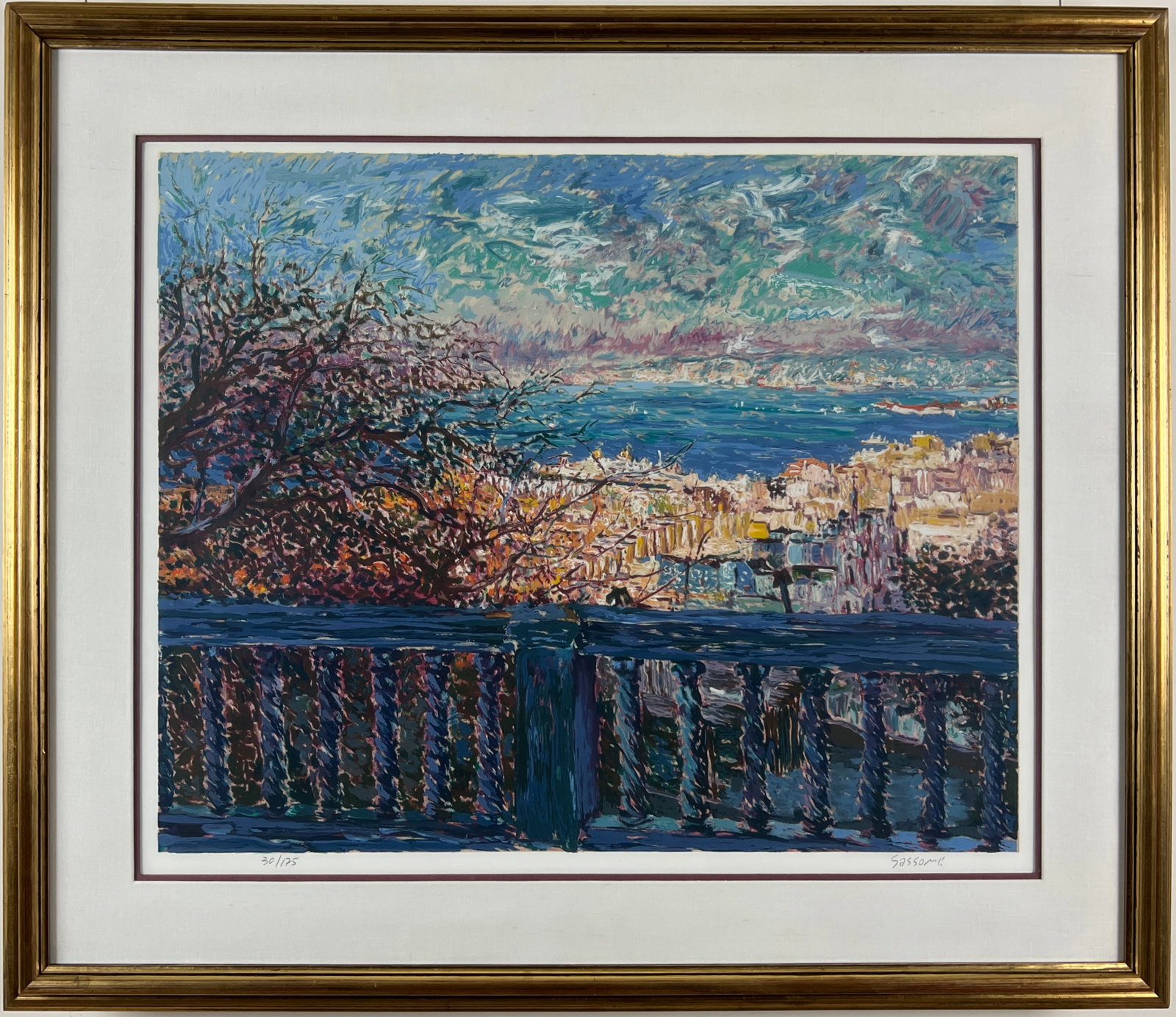 Marco Sassone "San Francisco Terrace" Serigraph: San Francisco Terrace by Marco Sassone is a framed serigraph on paper. Edition Number 30 of 175. Nicely framed and ready to hang. Image Dimensions are 26 x 32 inches. Framed dimensions will be provide