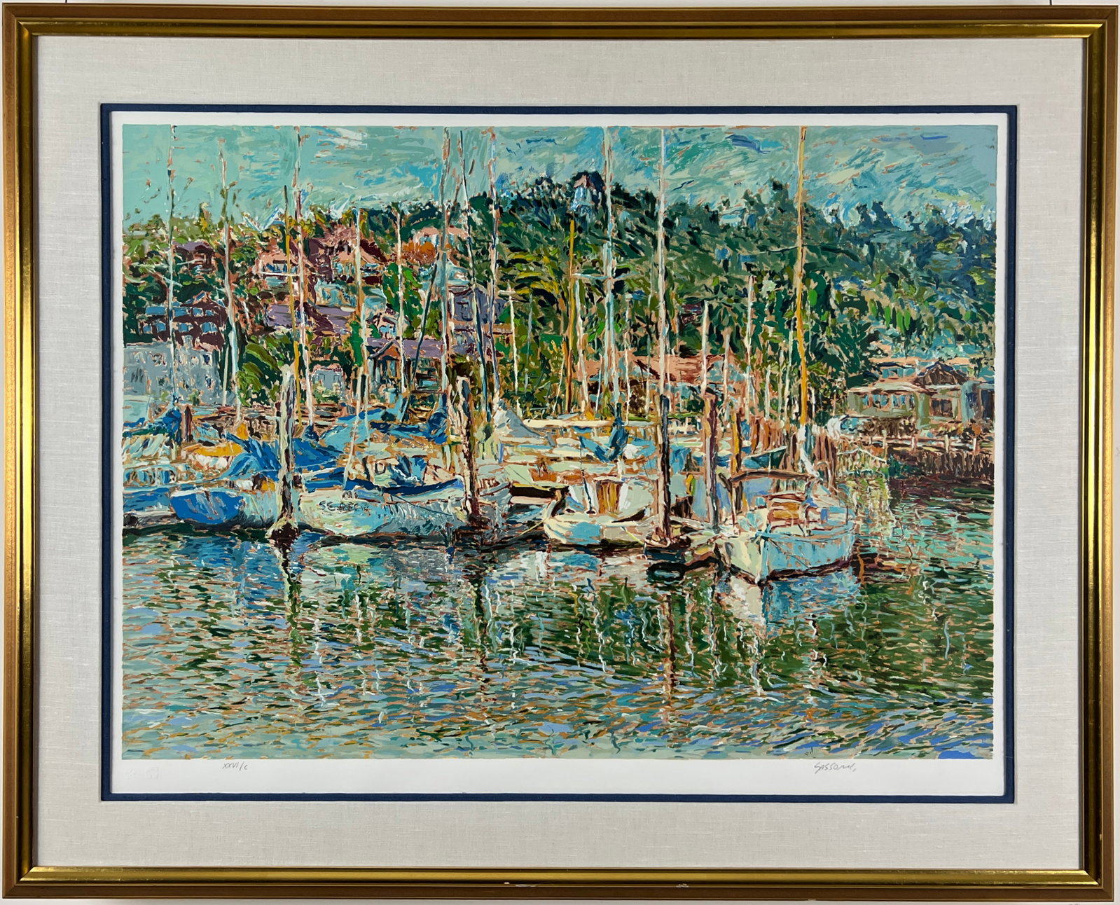 Marco Sassone "Sausalito Marina" Serigraph: Sausalito Marina by Marco Sassone is a framed serigraph on paper. Edition Number LV1 of C. Nicely framed and ready to hang. Image Dimensions are 26 x 36 inches. Framed dimensions will be provided prio