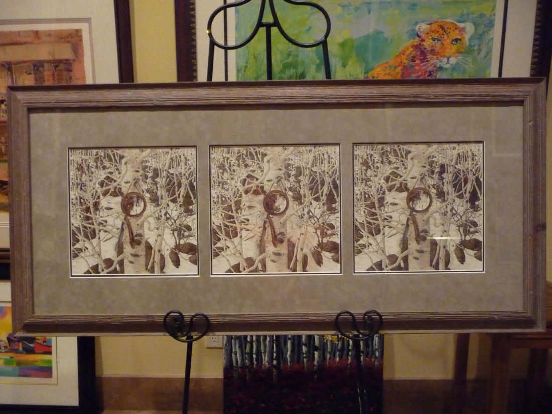 "Two More Indian Horses" by Bev Doolittle: "Two More Indian Horses" by Bev Doolittle is a set of 3 Signed Limited Edition Lithographs. Each image is 12 x 12. Edition size 48,000. Framed size is 24 x 50. This is a gallery favorite! Rustic frame