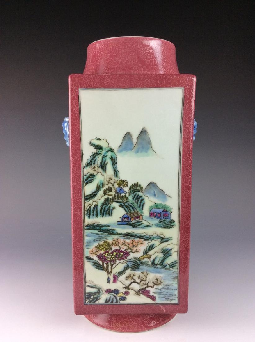 Vintage Chinese famile rose vase with panels, landscape (1 of 8)