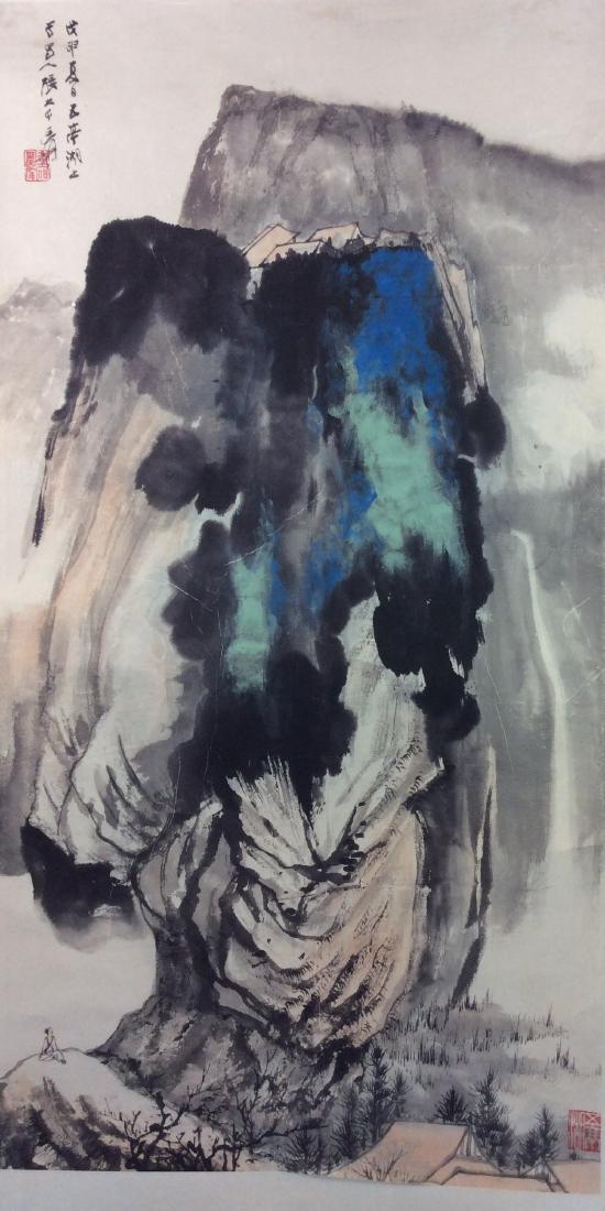 Chinese hand painted hanging scroll depicting mountain (1 of 6)