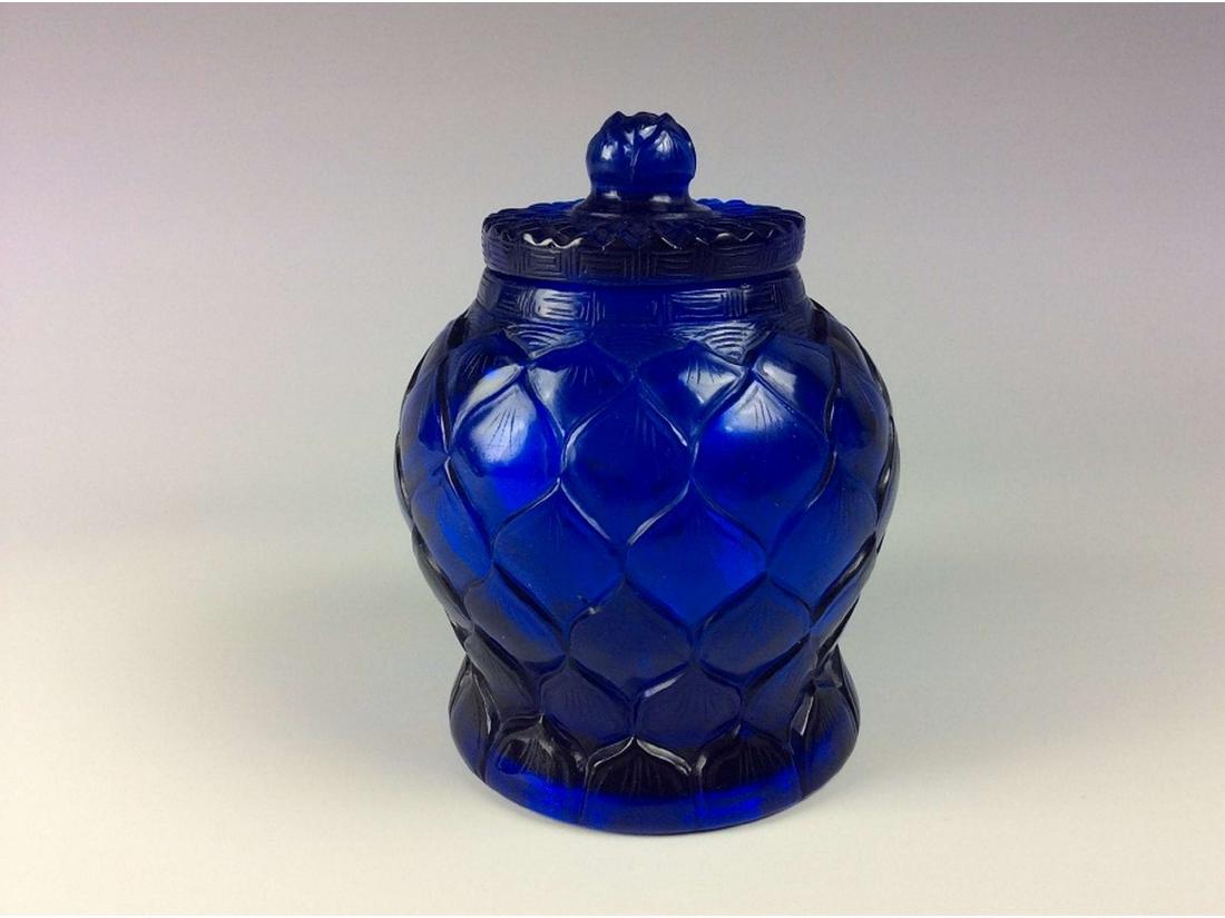 Fine Chinese glass pot, blue color, marked. (1 of 5)
