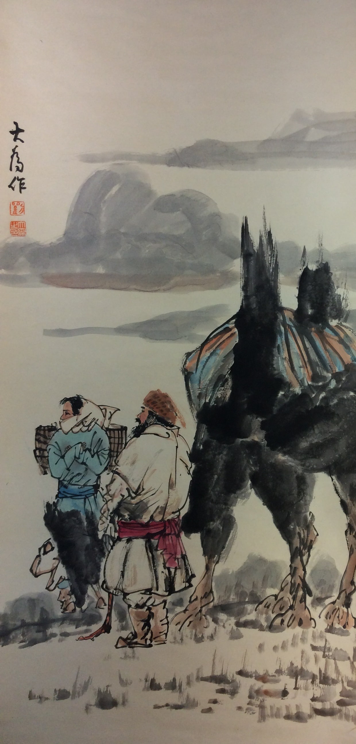 Chinese Liu Dawei 刘大为 (1945-).Chinese painting scroll, mounted, ink and colo: Chinese Liu Dawei 刘大为 (1945-).Chinese painting scroll, mounted, ink and color on paper, depicting camel & desert scene, signed with calligraphy and seals, Size & Condition: last p