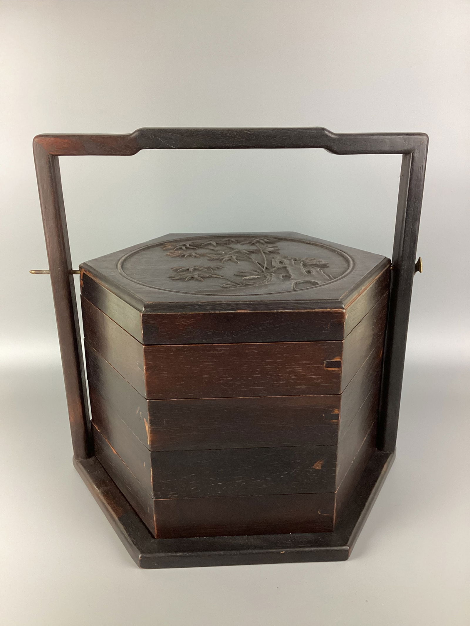 Chinese 17/18C MING/QING DYNASRTY, A ZITAN THREE-TIERED PICNIC BOX: Chinese 17/18C MING/QING DYNASRTY, 明末清初紫檀三層提盒 A ZITAN THREE-TIERED PICNIC BOXSize: 13.4"x13"x11.75" Condition: Aged & used marks,
