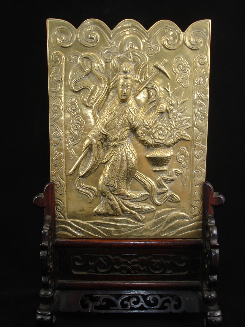 Chinese Brass Screen with Figure on Wood Stand: This is a Chinese brass screen with figure on wood stand. 12"Ht. Shipping: We provide in house packing and shipping services at buyer's expense. The estimated shipping cost (exclude insurance) is $35 