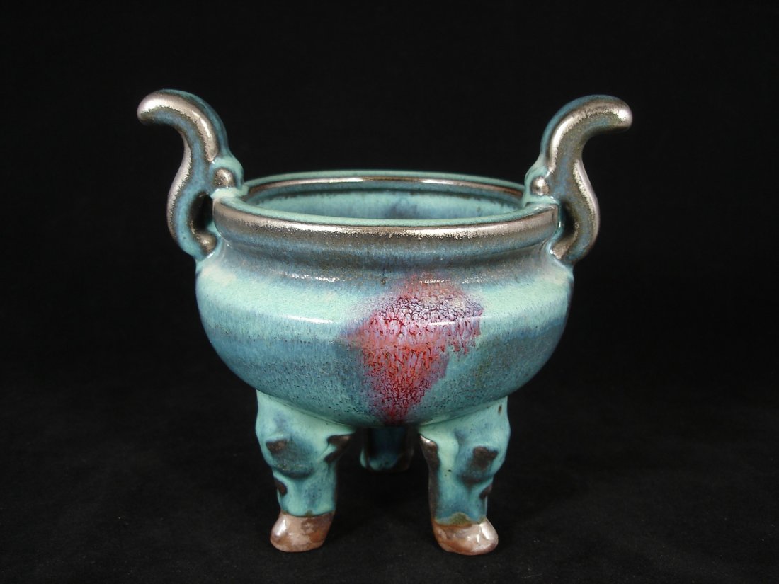 Song Style Jun Kiln Tripod Incense Burner/Censer,: Song style Jun Kiln tripod incense burner/censer, double upward handles. Size: 6.75" Ht. 6.75" W. Good condition. (Refer to pictures.) Shipping: We provide in house packing and shipping services at bu