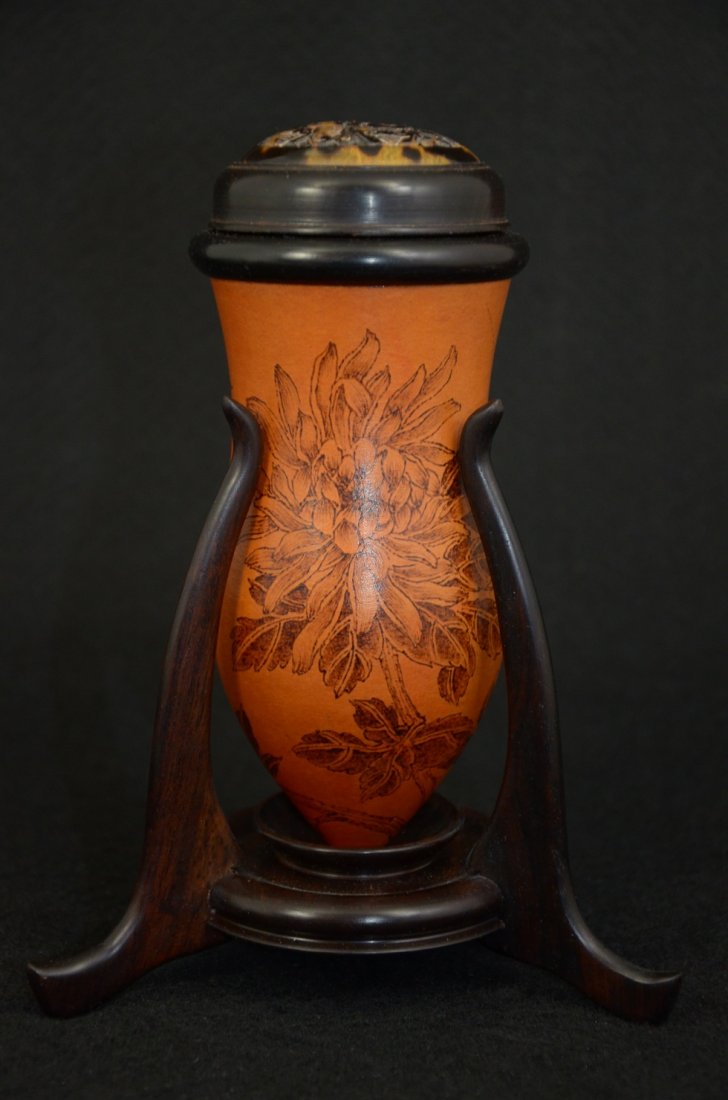 Chinese double gourd bottle cricket holder with carved: Chinese cricket holder, dried double gourd bottle with carved cap decorated with pyrography of insect and chrysanthemum, set on a customized adjustable wood stand. Size: bottle only: 6" x 3" with stan
