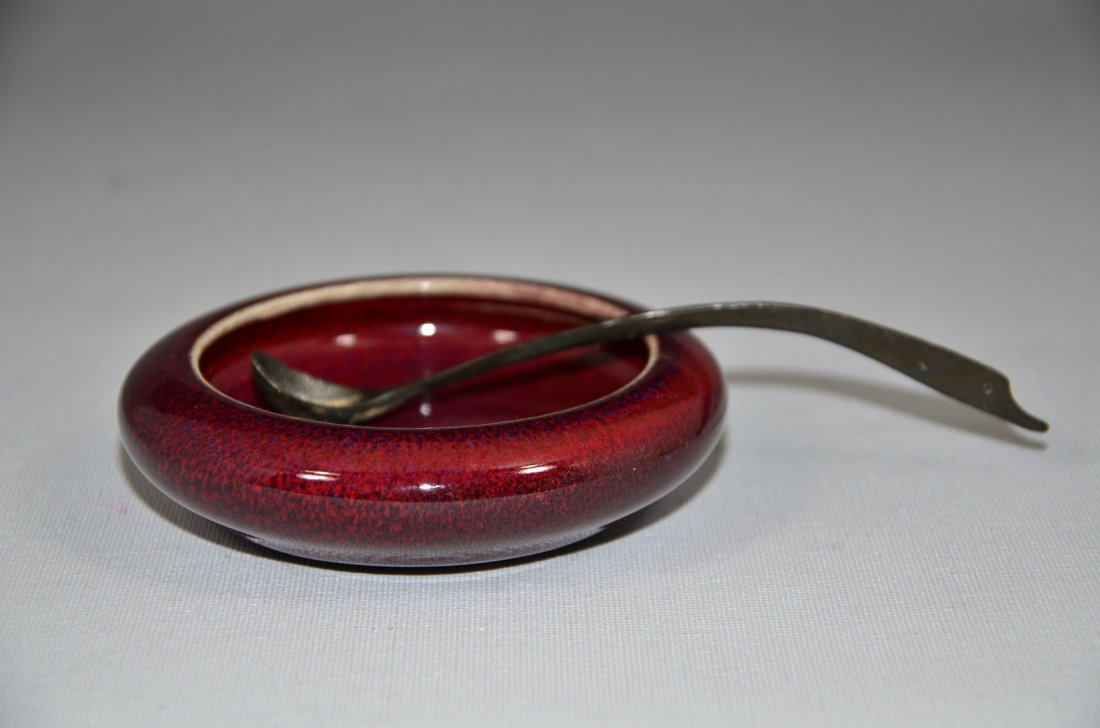 Chinese red glazed brush washer with spoon: Chinese red glazed brush washer with copper spoon with goose head design. Size: 3.75" Condition: Good condition. (Refer to pictures) Shipping: We provide in house packing and shipping services at buye