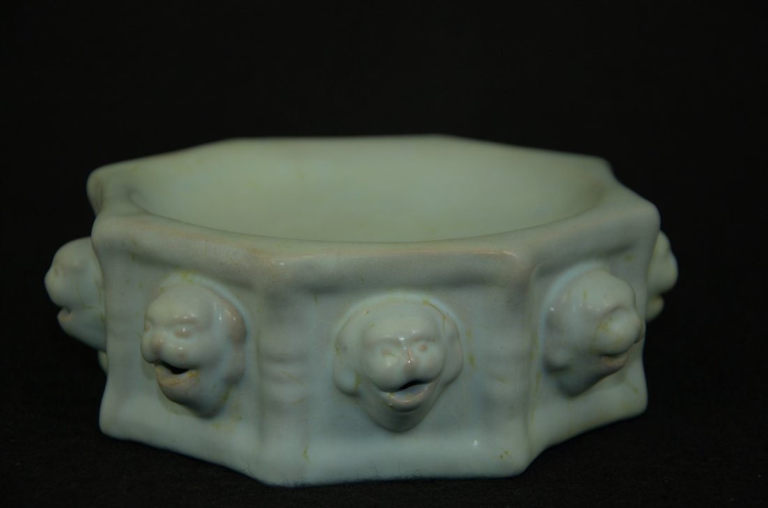 Chinese Song dynasty style Ru kiln washer with embossed: Chinese Song dynasty style Ru kiln washer with embossed lion head. Size: 6.25" D. 2" Ht. Condition: Good condition (refer to pictures) Shipping: We provide in house packing and shipping services at bu