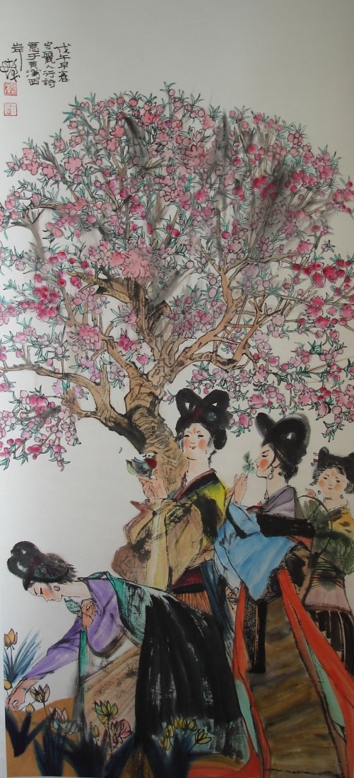 Chinese Hand Painted Scroll With Four Beauties Under: This is Chinese hand painted scroll, ink and color on paper, depicting four beauties under tree, signed with two seals, 85" x 28.75" unpaid item by Lisa Tan Shipping: We provide in house packing and s