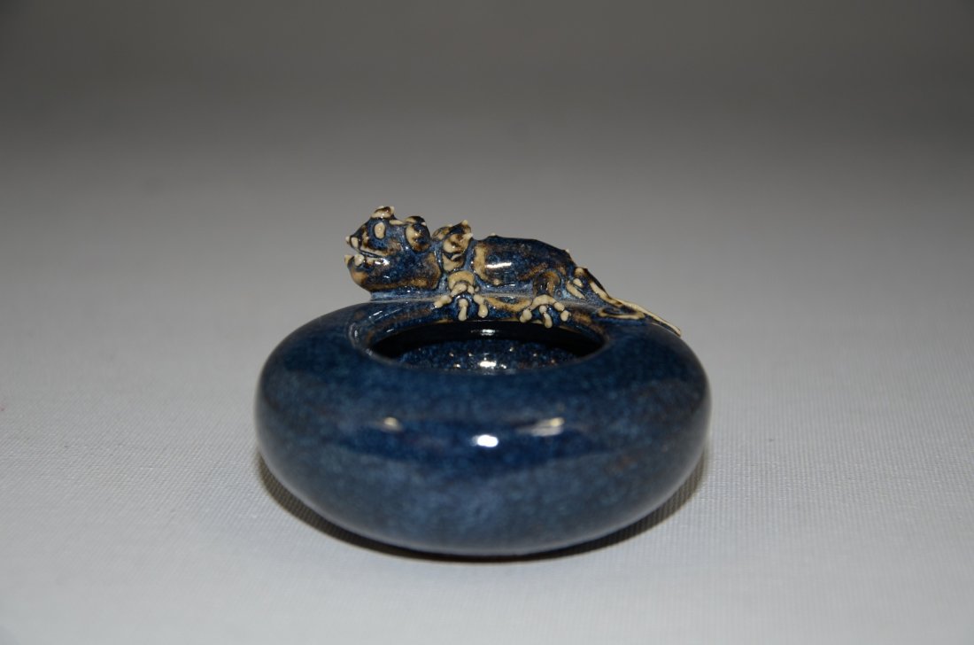Blue glazed brush washer: Blue glazed brush washer Size: 2.75" W Condition: Good condition. (Refer to pictures.) Shipping: We provide in house packing and shipping services at buyer's expense. The estimated shipping cost (excl