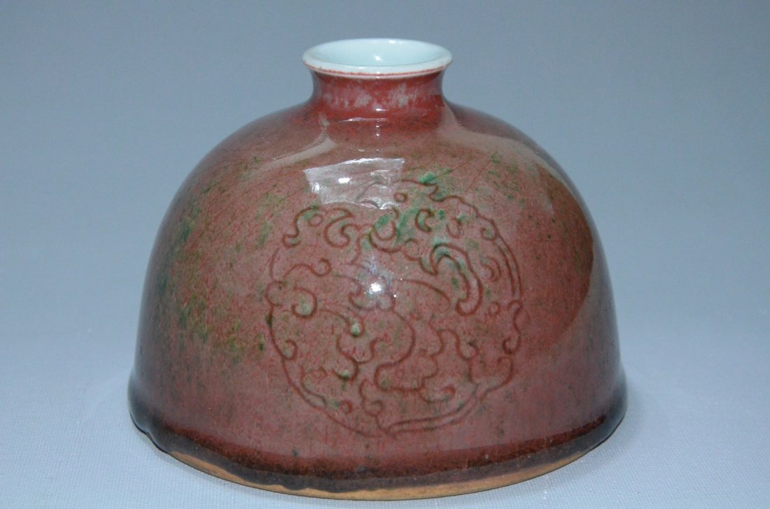 Rare Chinese peach bloom red glazed water dropper: Rare Chinese peach bloom red glazed water dropper, decorated with 3 sets of dragon, six-character mark on base. Size: 5" W 3.75" H. Condition: Good condition. (Rrefer to pictures.) Shipping: We provid