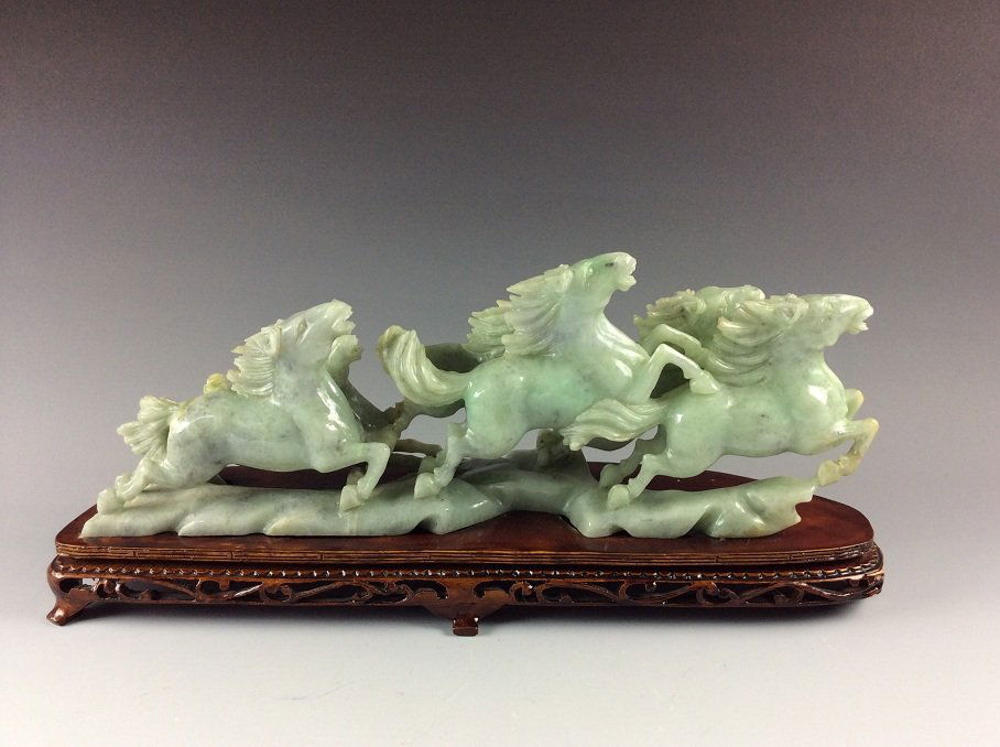 Large Chinese Jade Carved Running Horses with Stand