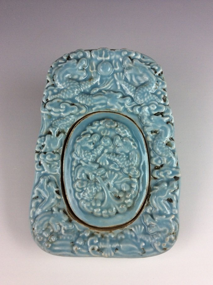 Rare Chinese blue glazed porcelain ink stand with cover (1 of 4)