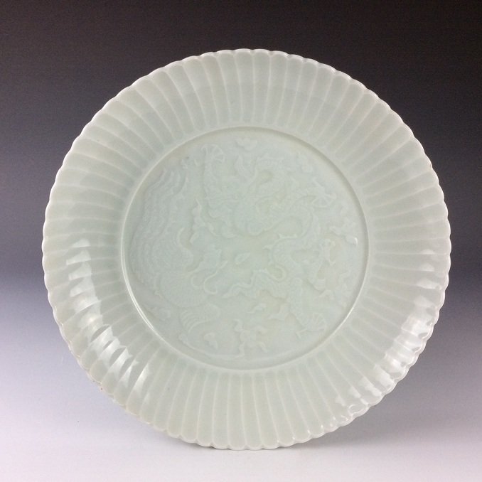 Ming style Chinese celadon porcelain plate, lotus form, (1 of 6)