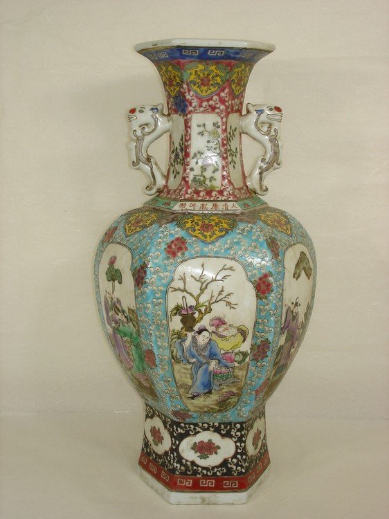 Fine large Chinese famille rose hexagonal vase,  marked (1 of 9)