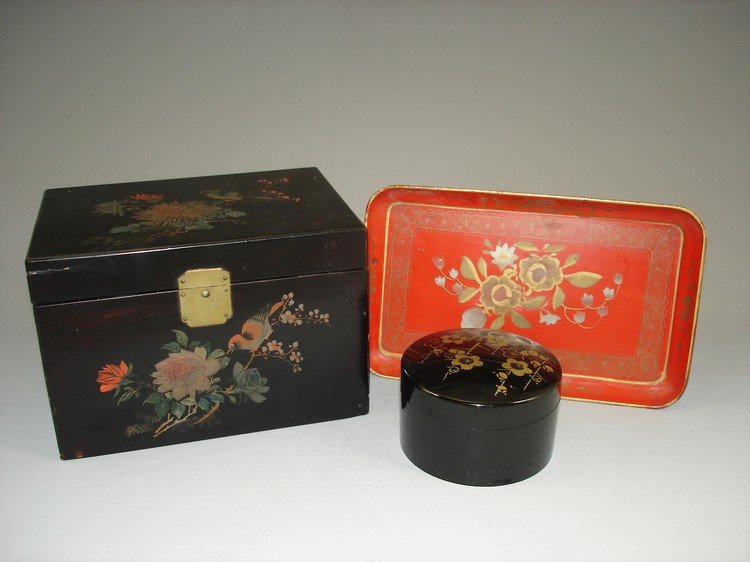 3 Pieces of Chinese/Asian Lacquer Box  Covered Tin Tea (1 of 5)
