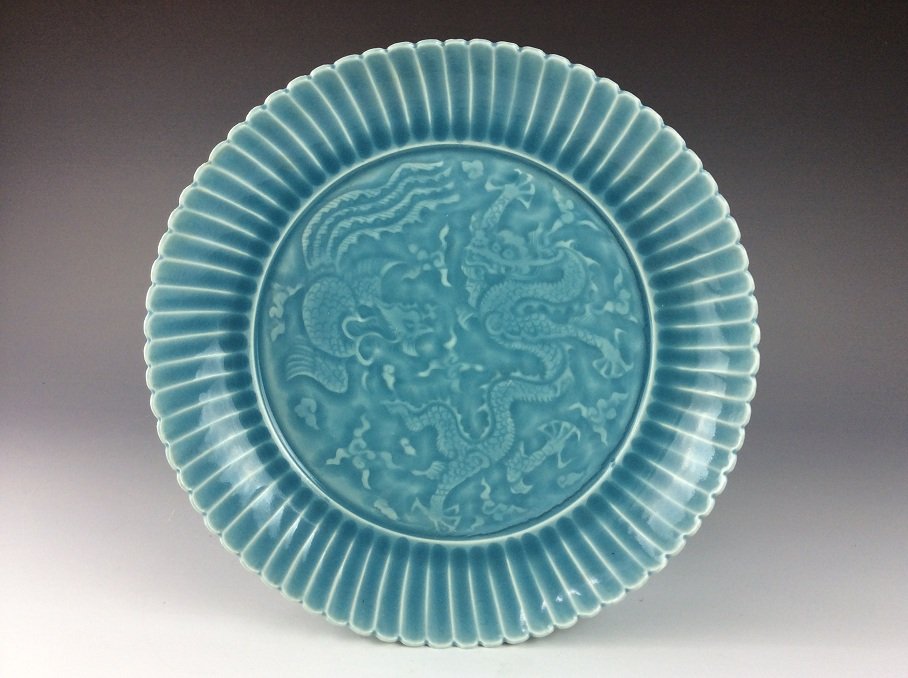 Chinese porcelain plate, blue glazed, dragon pattern (1 of 5)