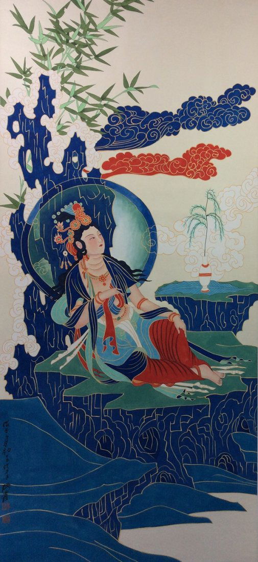 Chinese hand painted hanging scroll, depicting spring (1 of 5)