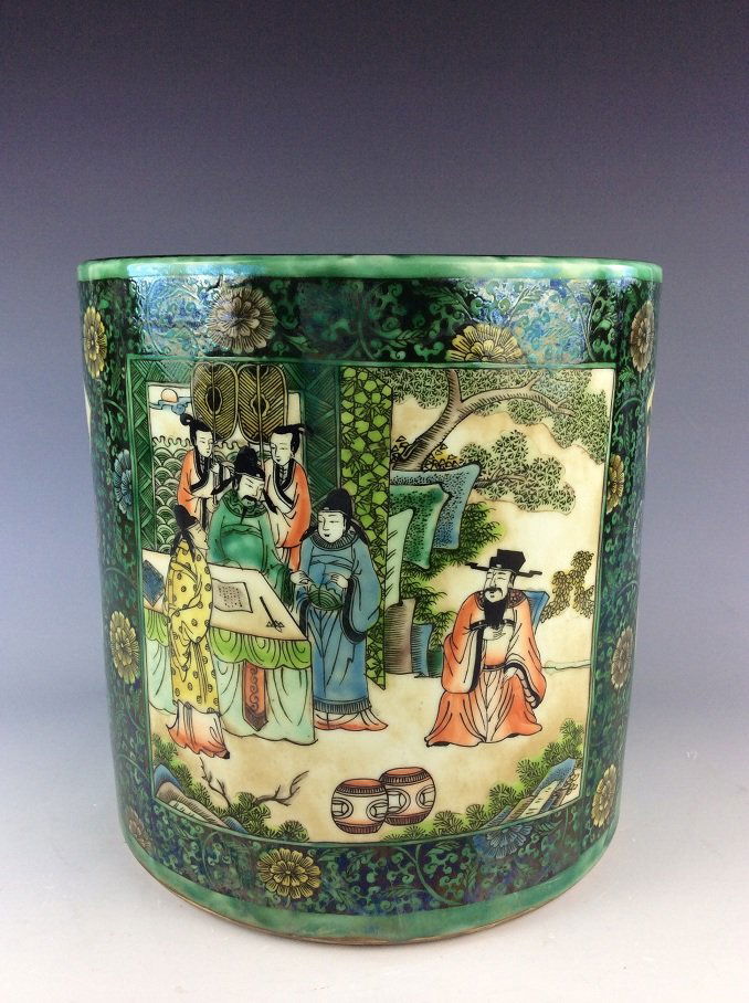 Chinese porcelain brush pot, verte glaze, marked (1 of 9)