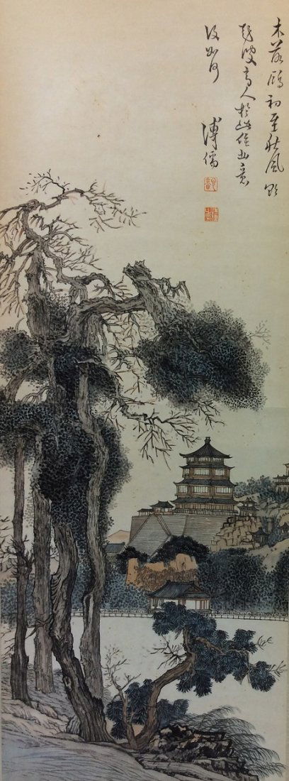 Chinese hand painted hanging scroll, depicting pavilion (1 of 6)