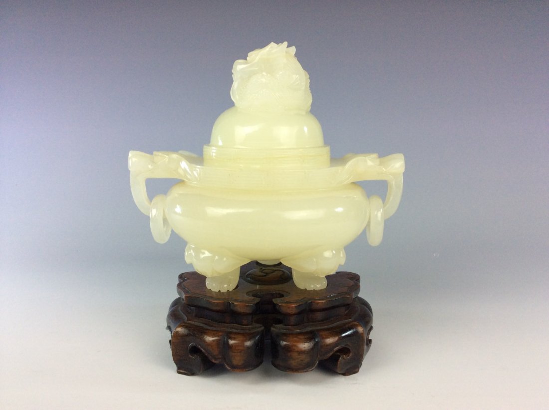 Fine Chinese white nephrite Hetian jade carved pot with (1 of 8)