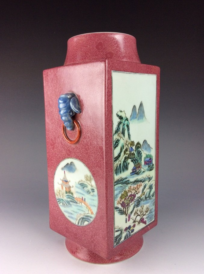 Vintage Chinese famile rose vase with panels, landscape (1 of 8)