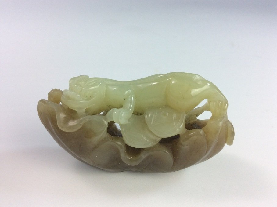 Fine Chinese jadeite, two colors, carved tiger & lotus (1 of 5)