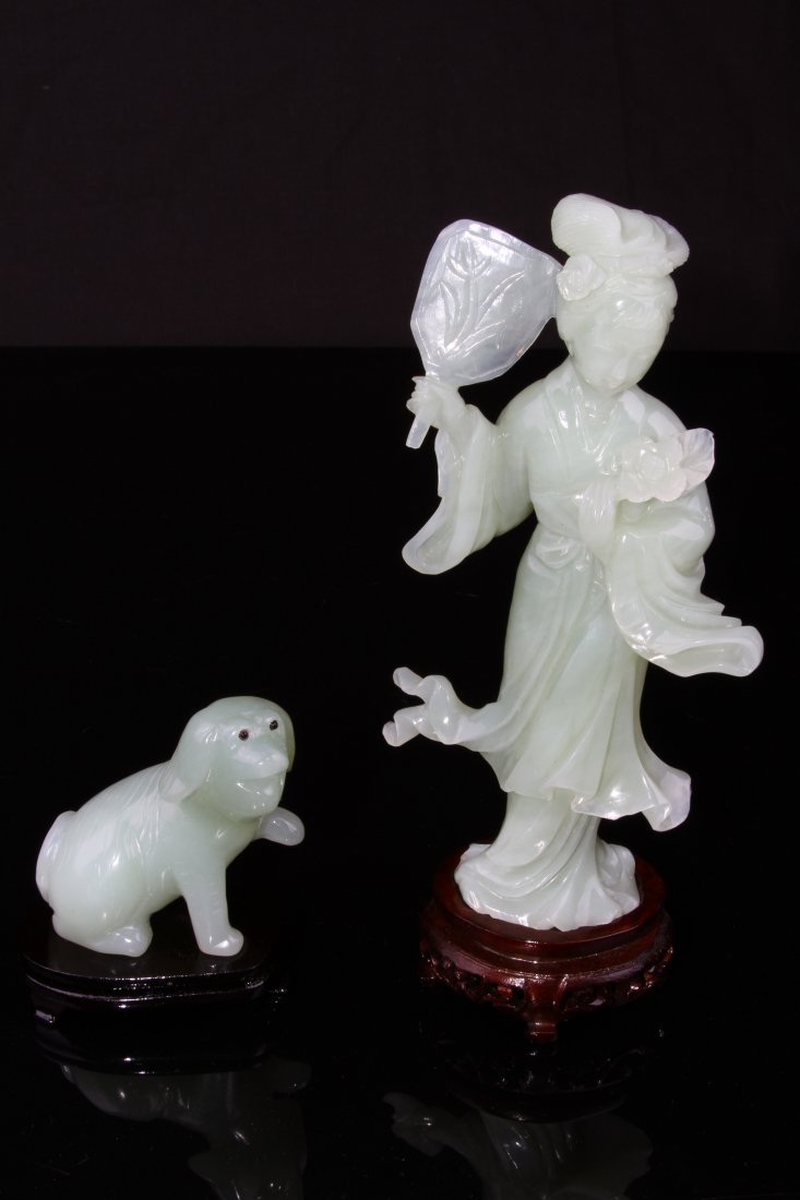 jade: GROUP OF CARVED JADE FIGURES, A LADY AND A DOG (2 Pcs)L:2.5" W:1.75" H:3" L:3.25"W:1.5"H:7.5"?