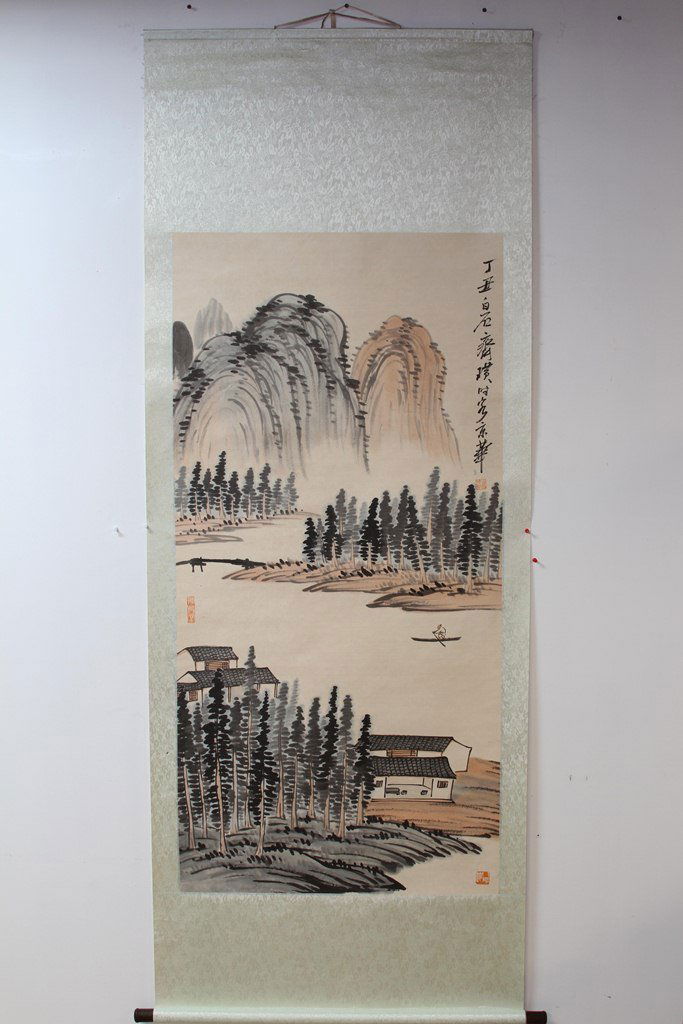 Fine Art: CHINESE QIBAISHI INSCRIBED PAINTING SCROLL OF LANDSCAPE W:26" H:53"浏览高清图片请登录