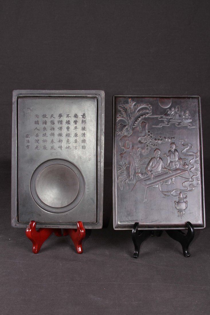 other: CHINESE LIUYUAN MARKED INK PAD CARVED WITH AN OLD MAN PLAYING WITH GUZHENG AND CALLIGRAPHY L:6.75" W:2" H:10"浏览高清图片请登录