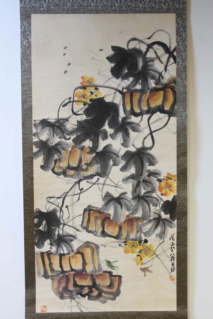 Fine Art: CHINESE QIBAISHI INSCRIBED WATER COLOR PAINTING SCROLL OF FLOWERS W:24.75" H:51.75"浏览高清图片请登录