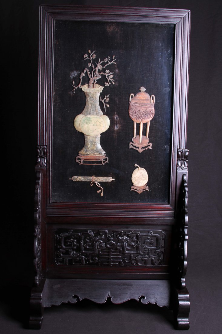 Other: CHINESE JADE INLAID WOOD TABLE SCREEN CARVED WITH FLOWER VASE AND CENSER W:16" H:33.5"浏览高清图片请登录