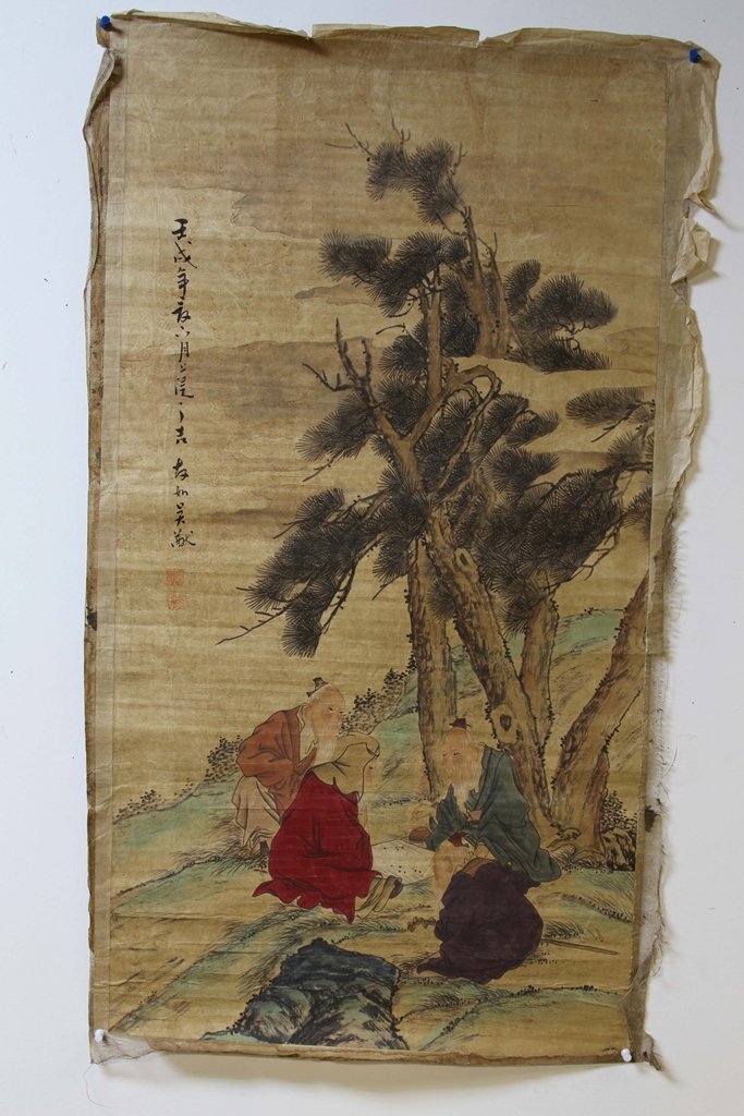 Fine Art: CHINESE WUQIU INSCRIBED PAINTING SCROLL OF A GROUP OF OLD MAN PLAYING CHESS W:19" H:35"浏览高清图片请登录